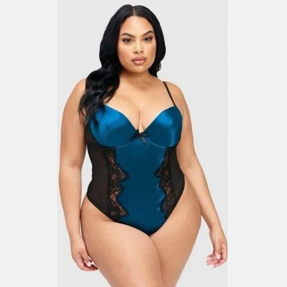NWT Frederick's of Hollywood Teal Blue Beatrice Lace Satin Bodysuit Size Small